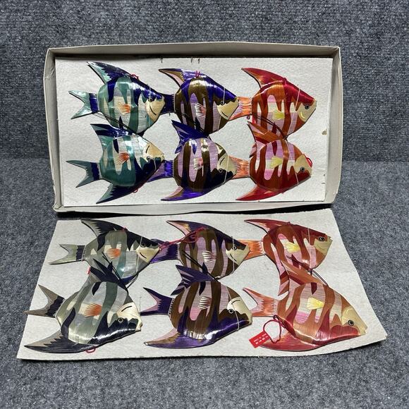 Vtg Bamboo Woven Lot (12) Pastel Hanging Wall Angel Fish Ornaments 4.5” NEW! Nos - Picture 1 of 5